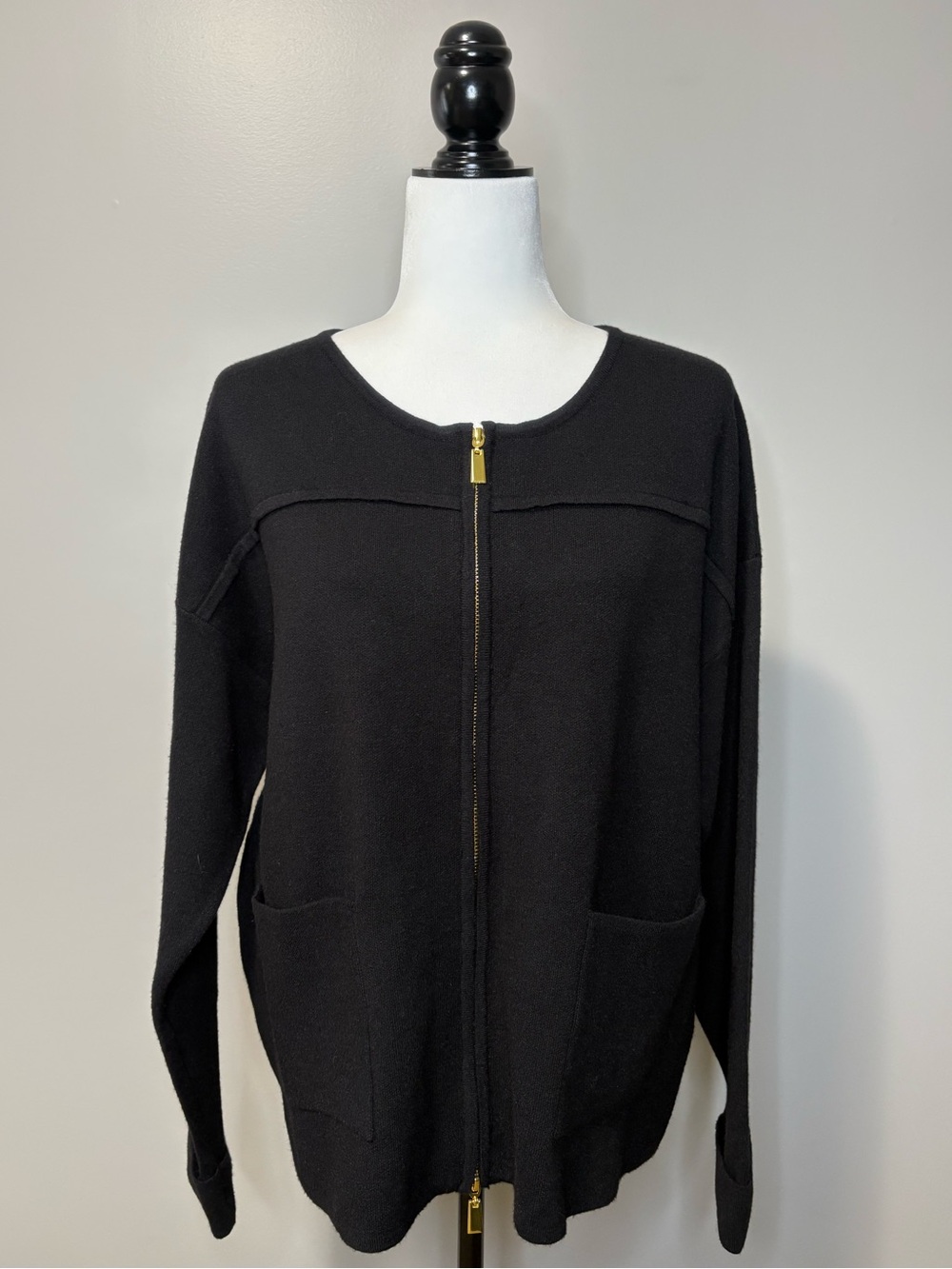 GG Collection Collarless Full Zip Long Sleeve Knit Cardigan Black